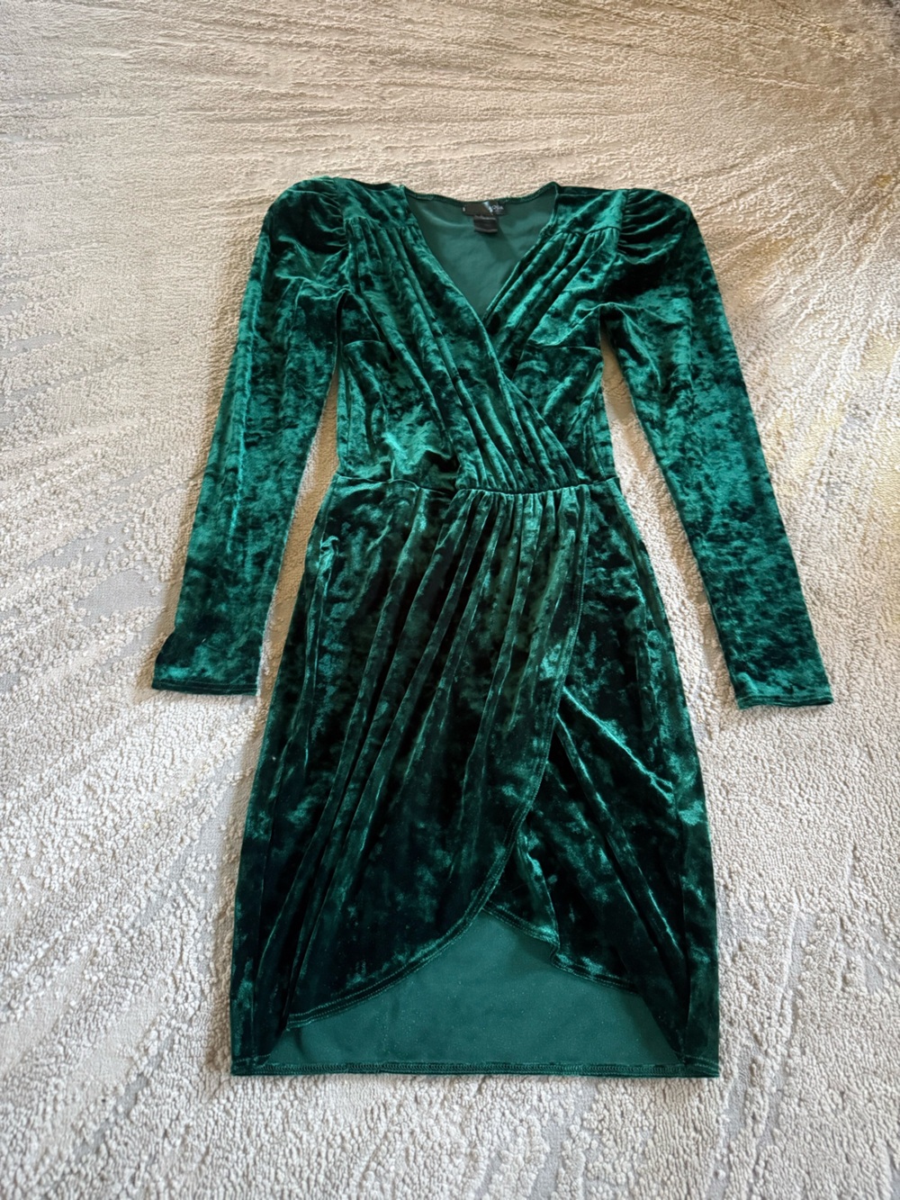 Aqua green velvet velour long sleeve dress puff sleeve mini holiday Christmas XS